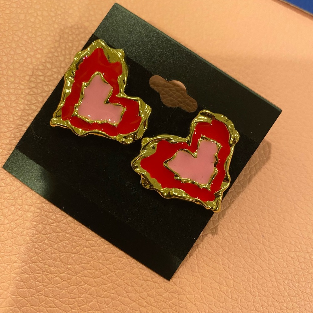 Gold and Red Heart Earrings